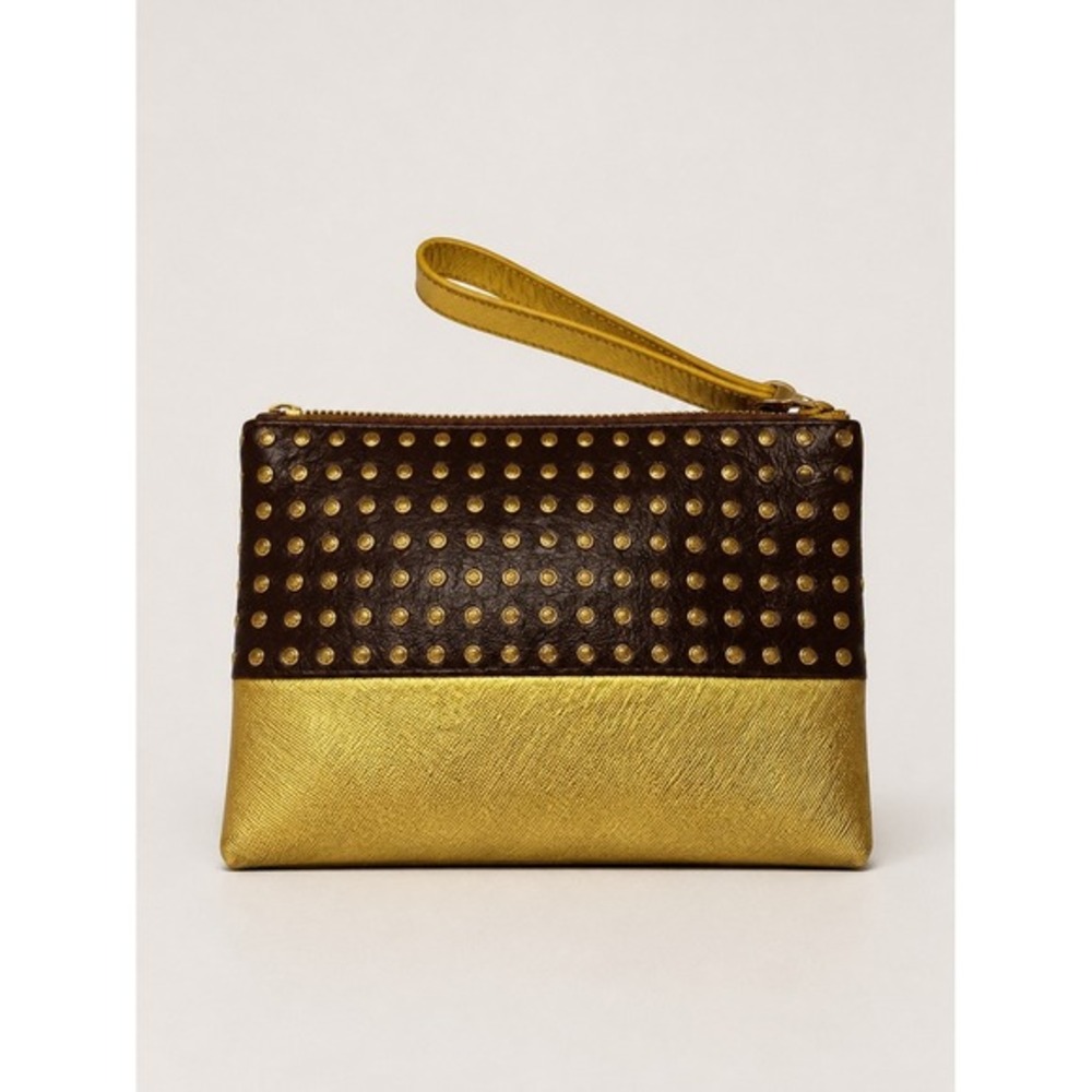 Henri Bendel Studded Leather Wristlet Clutch Metallic‎ Gold Burgundy Edgy Luxury